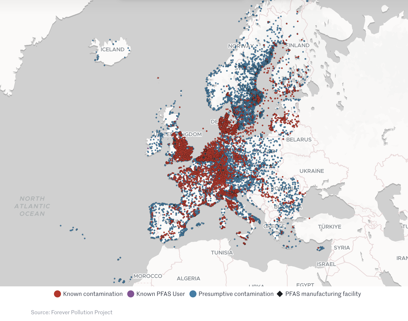 Screenshot of the map of the Forever Pollution Project